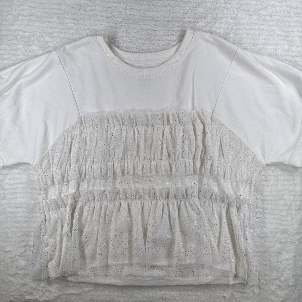 Maeve Anthropologie White Ruffled Sweatshirt Top Sparkle Women Shirt Xl X-large